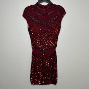 Primavera Couture Dark Red Sequin Beaded Mini Cocktail Mesh Dress